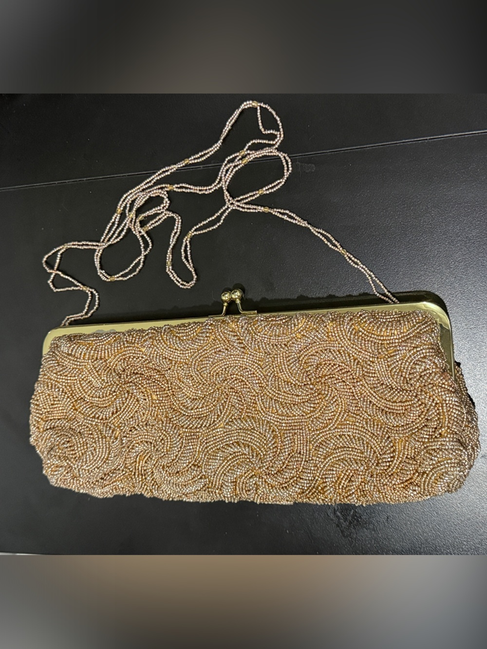 Vintage Carlo Fellini Beaded Gold Evening Clutch with Beaded Strap 12” x 5.5”